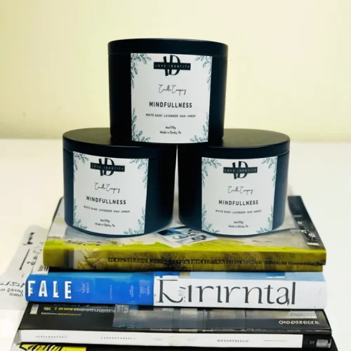 Mindfullness candle handcrafted with coconutsoy wax and cotton wick , featuring a subtle yet powerful aroma and long clean burn