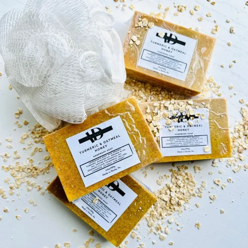 handcrafted turmeric, oatmeal, honey goat milk soap bar for gentle cleansing and soothing sensitive skin